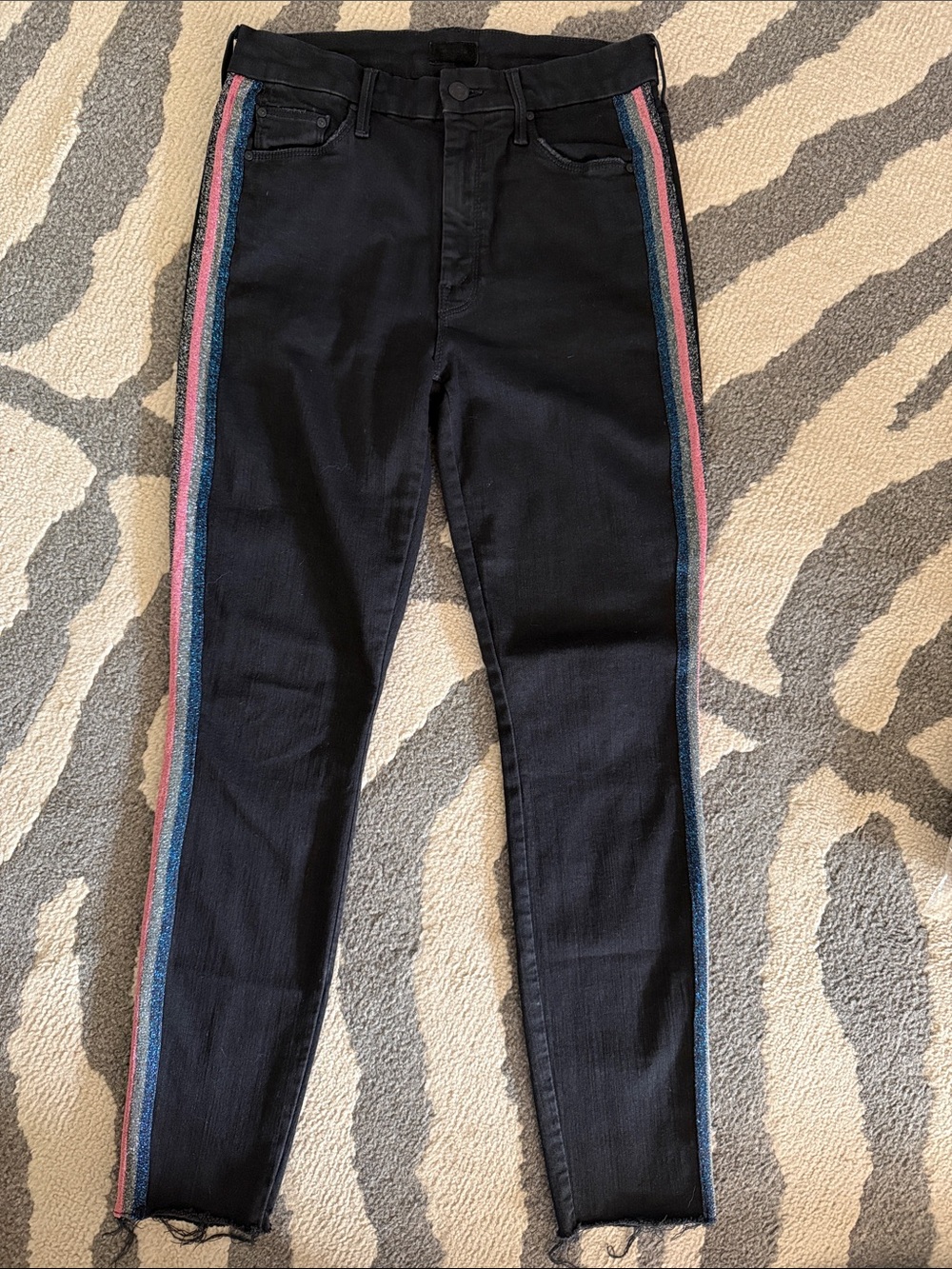 MOTHER Black Skinny Jeans with Blue and Pink Side Stripes